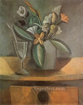  1908 Oil Painting - Vase de fleurs verre de vin et cuillere 1908 Cubist